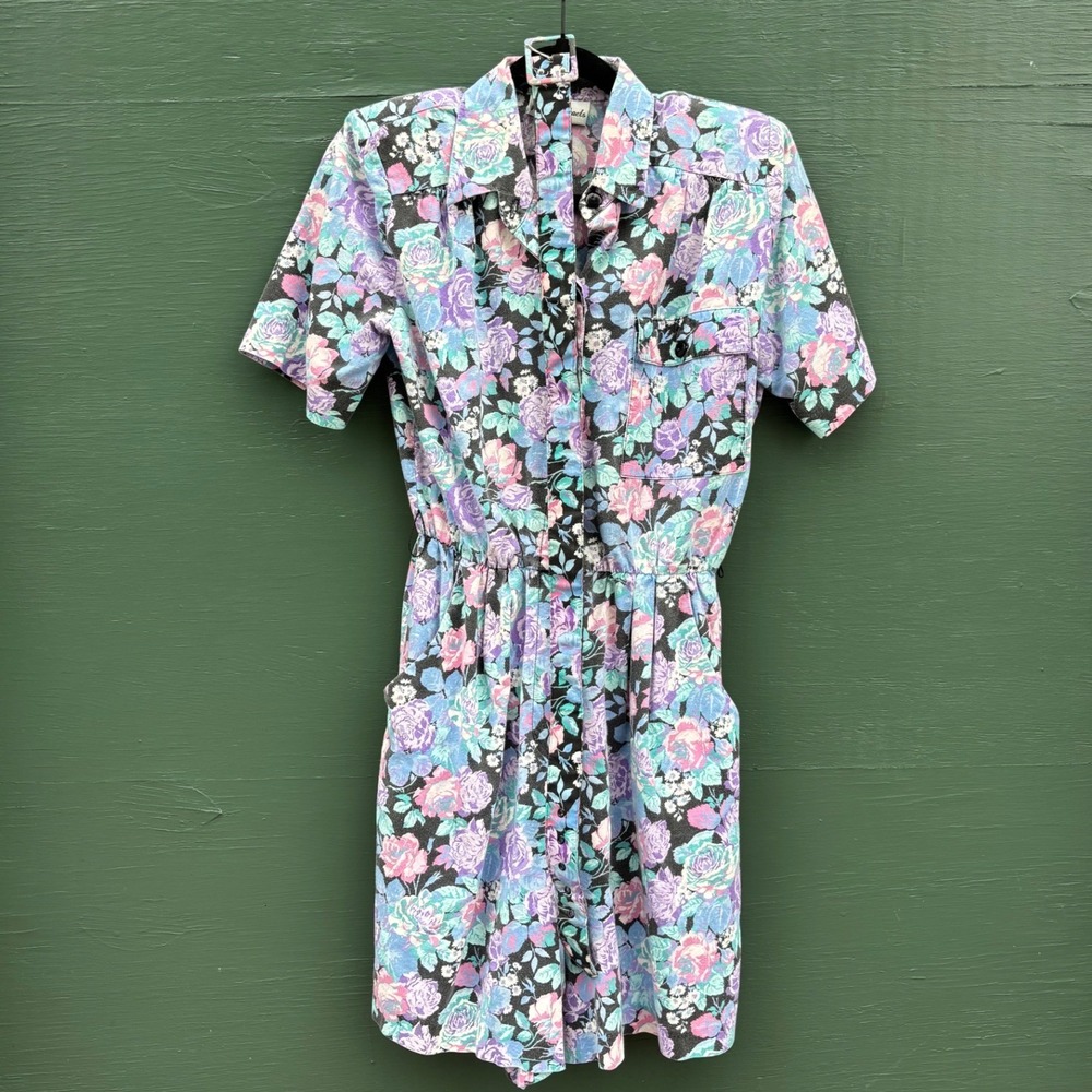Vintage 80s Floral Romper Pastel Rose Belted Full Shorts Cottage Whimsy Cotton M - Picture 2 of 6